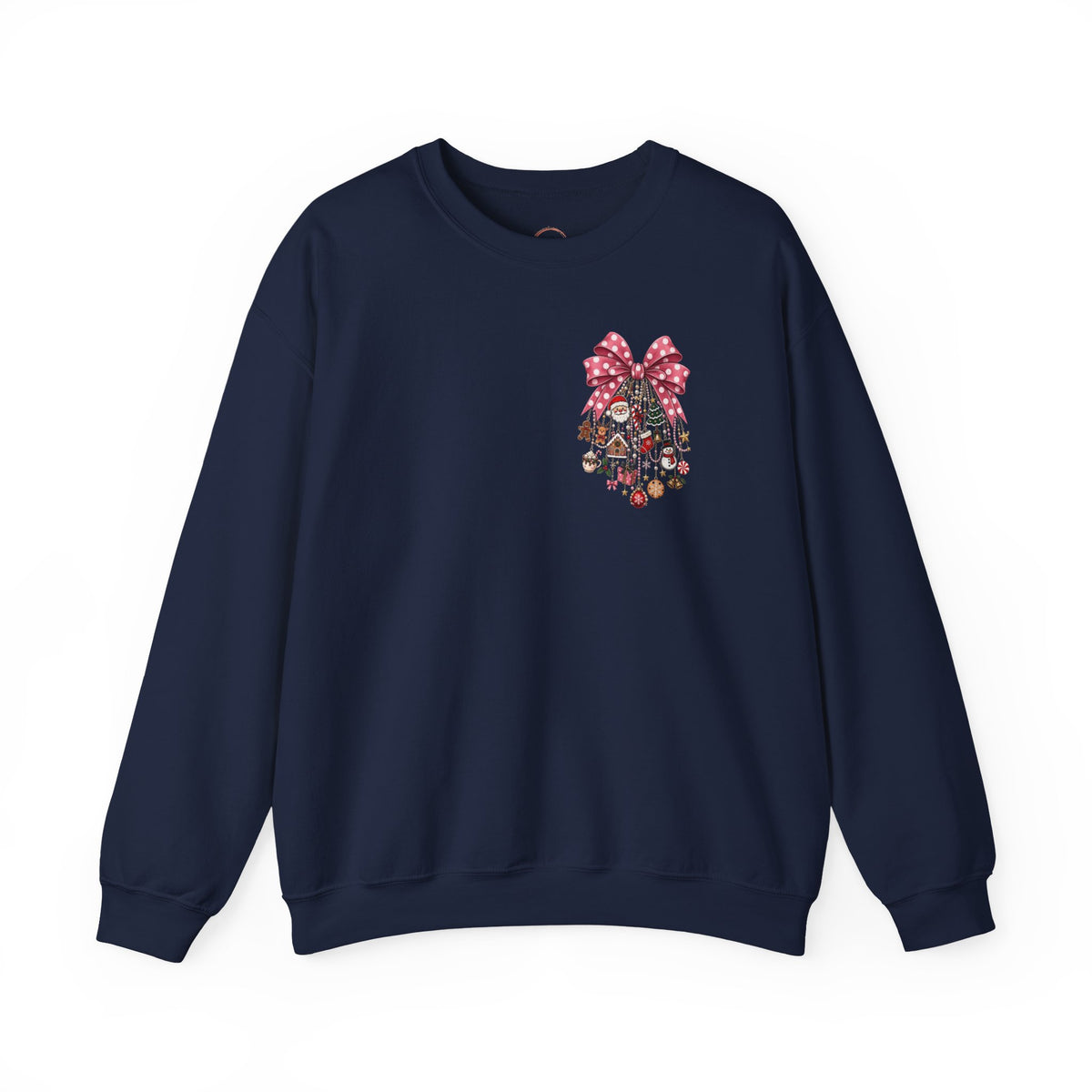 Crewneck Sweatshirt — Floral Heart Ornament with Pink Bow Holiday Design