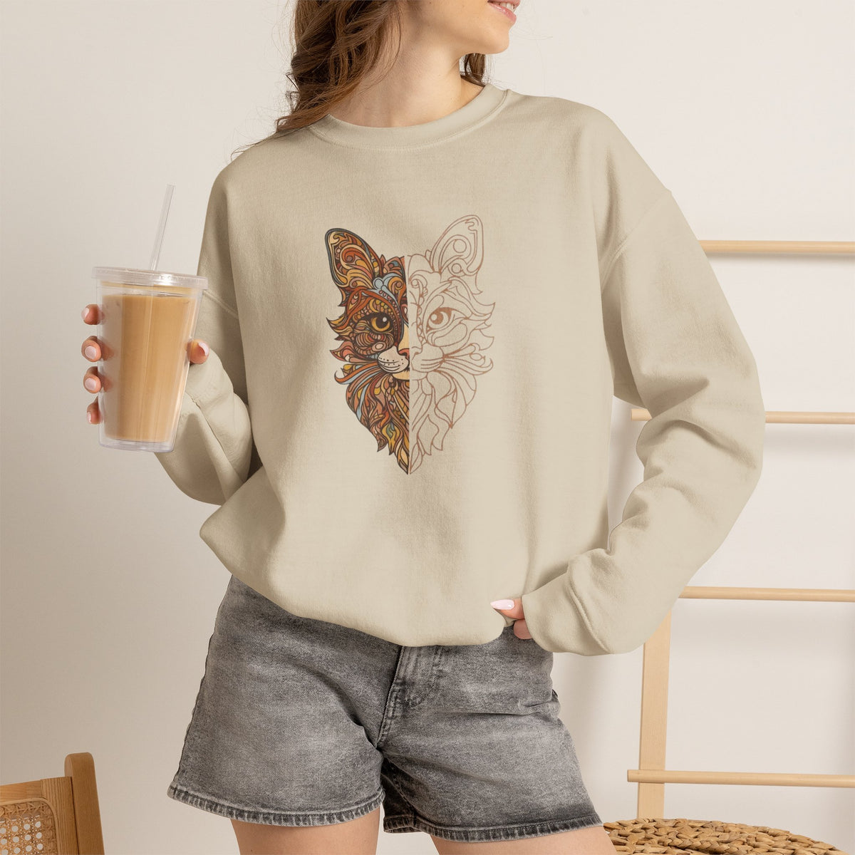 Cat Face Split Crewneck Sweatshirt – Half Realistic, Half Line Art Cat Design