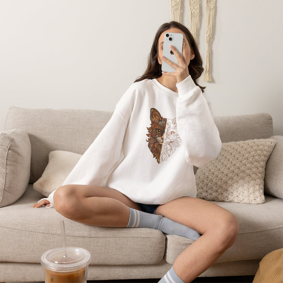 Cat Face Split Crewneck Sweatshirt – Half Realistic, Half Line Art Cat Design
