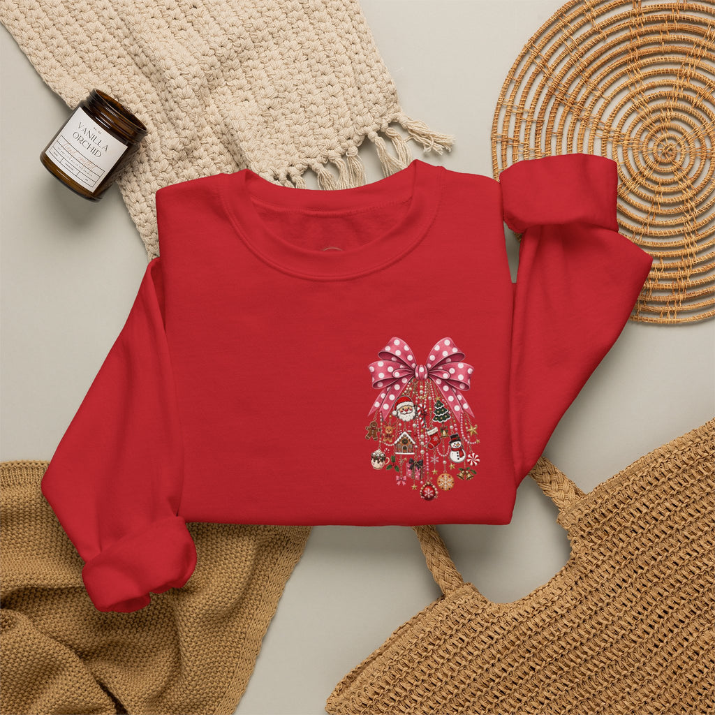 Crewneck Sweatshirt — Floral Heart Ornament with Pink Bow Holiday Design