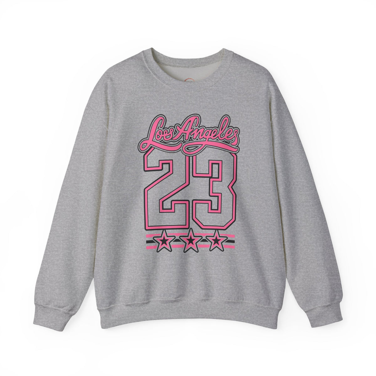Gray sweatshirt with a dog graphic holding a pink cup on a white background