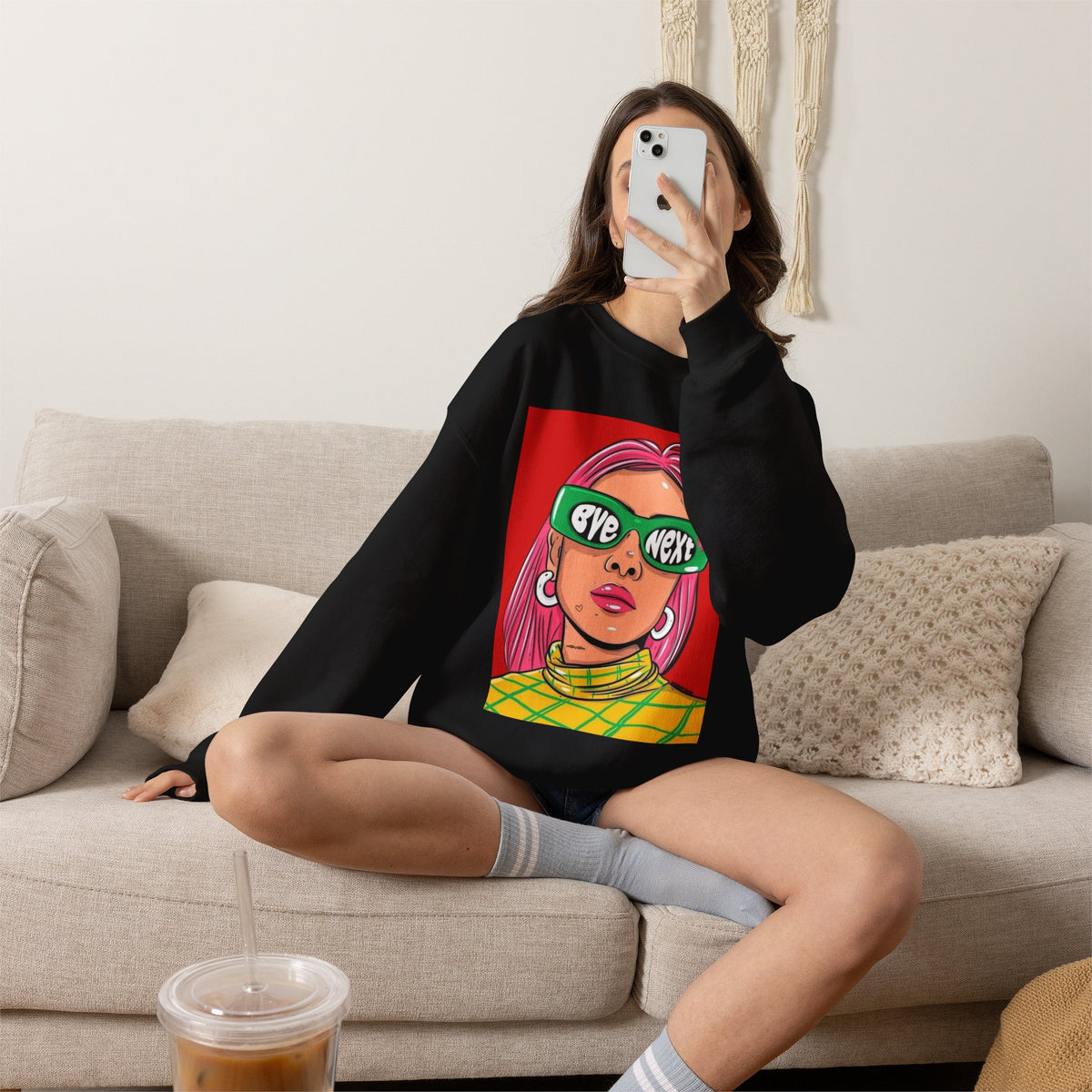Graphic Sweatshirt — 'Bye Next' Retro Pop Art Girl Crewneck