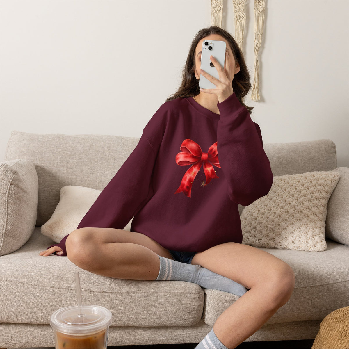 Red Ribbon Bow Crewneck Sweatshirt — Holiday Gift Sweatshirt