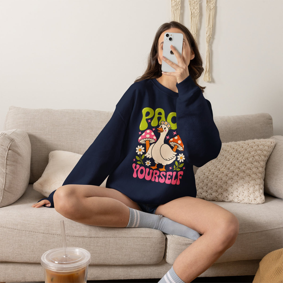 Peace Yourself Crewneck Sweatshirt — Retro Duck & Mushrooms Graphic
