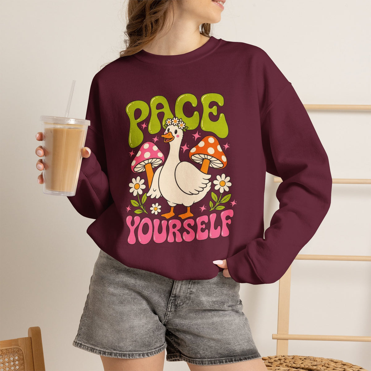 Peace Yourself Crewneck Sweatshirt — Retro Duck & Mushrooms Graphic