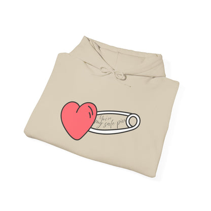 Heart Safety Pin Hoodie, Cozy Sweatshirt, Cute Gift for Her, Valentine's Day Apparel, Casual Streetwear