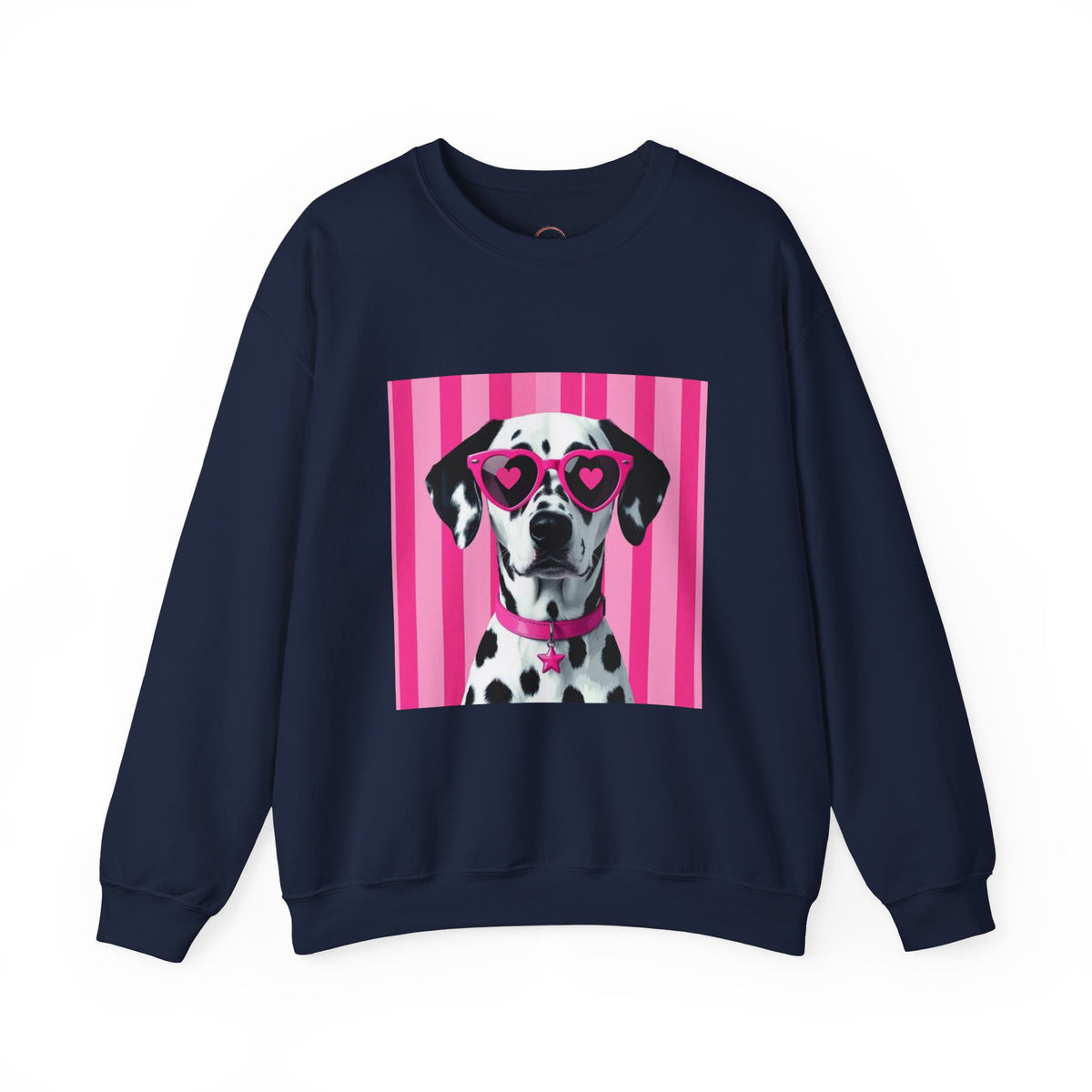 A navy blue crewneck sweatshirt featuring a graphic print of a Dalmatian dog wearing pink heart-shaped sunglasses against a pink striped background.