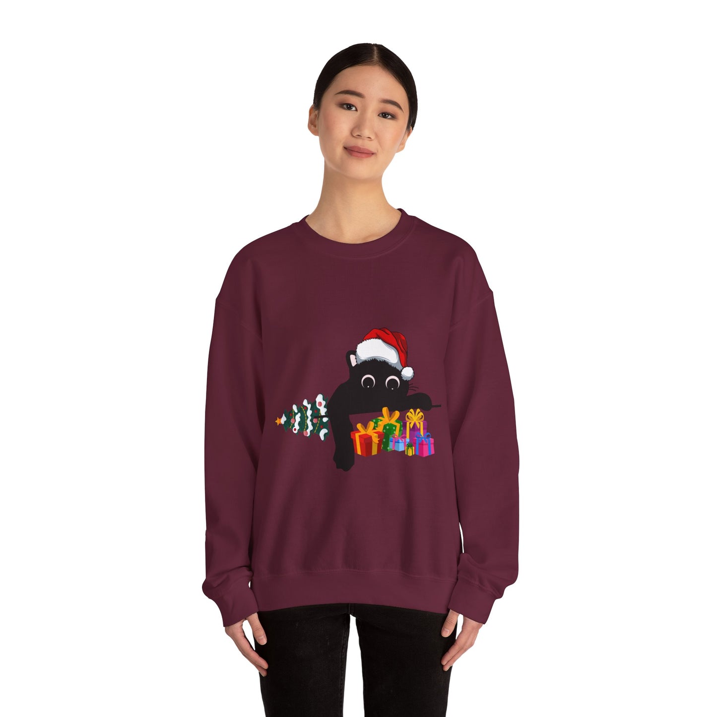 Christmas Cute Cat Sweatshirt Cat Lover Crew Neck Sweatshirt