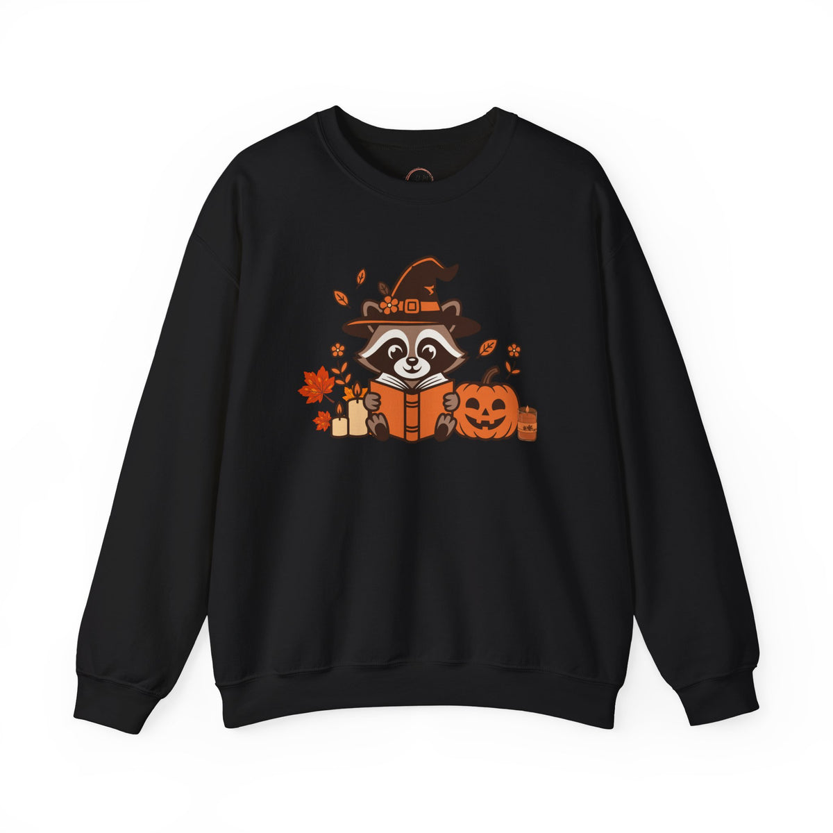 Halloween Raccoon Witch Sweatshirt – Cute Pumpkin & Spooky Book Crewneck