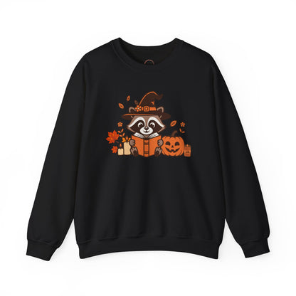 Halloween Raccoon Witch Sweatshirt – Cute Pumpkin & Spooky Book Crewneck