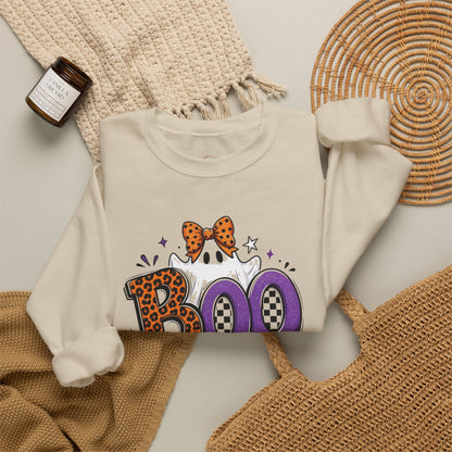 Boo Halloween Sweatshirt — Leopard & Purple Graphic Crewneck