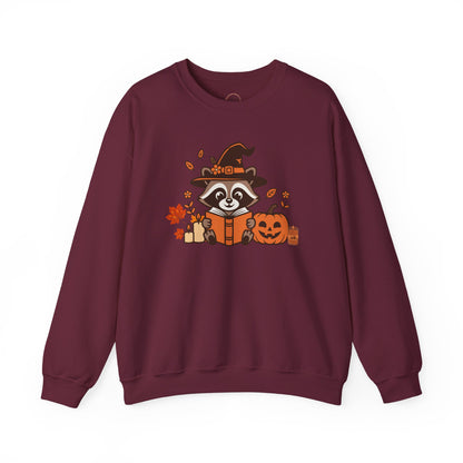 Halloween Raccoon Witch Sweatshirt – Cute Pumpkin & Spooky Book Crewneck