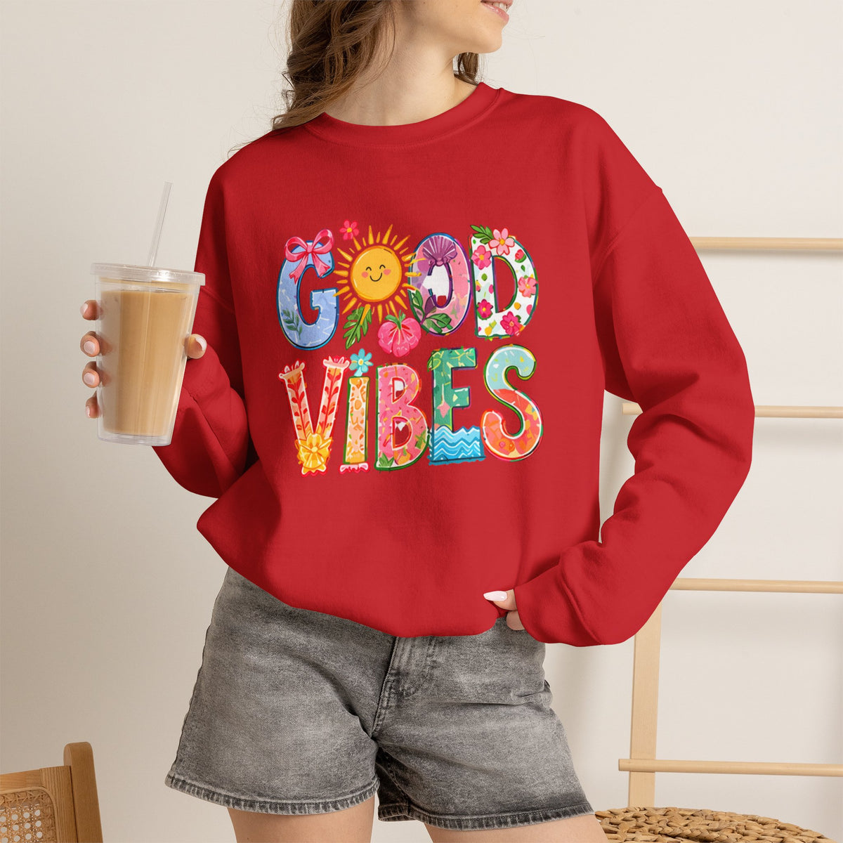 Good Vibes Floral Sweatshirt - Colorful Retro Sun Graphic Crewneck
