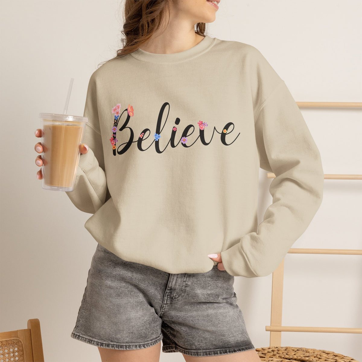 Believe Floral Crewneck Sweatshirt — Inspirational White Pullover