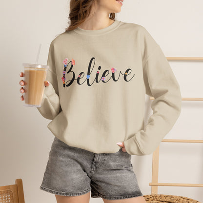 Believe Floral Crewneck Sweatshirt — Inspirational White Pullover