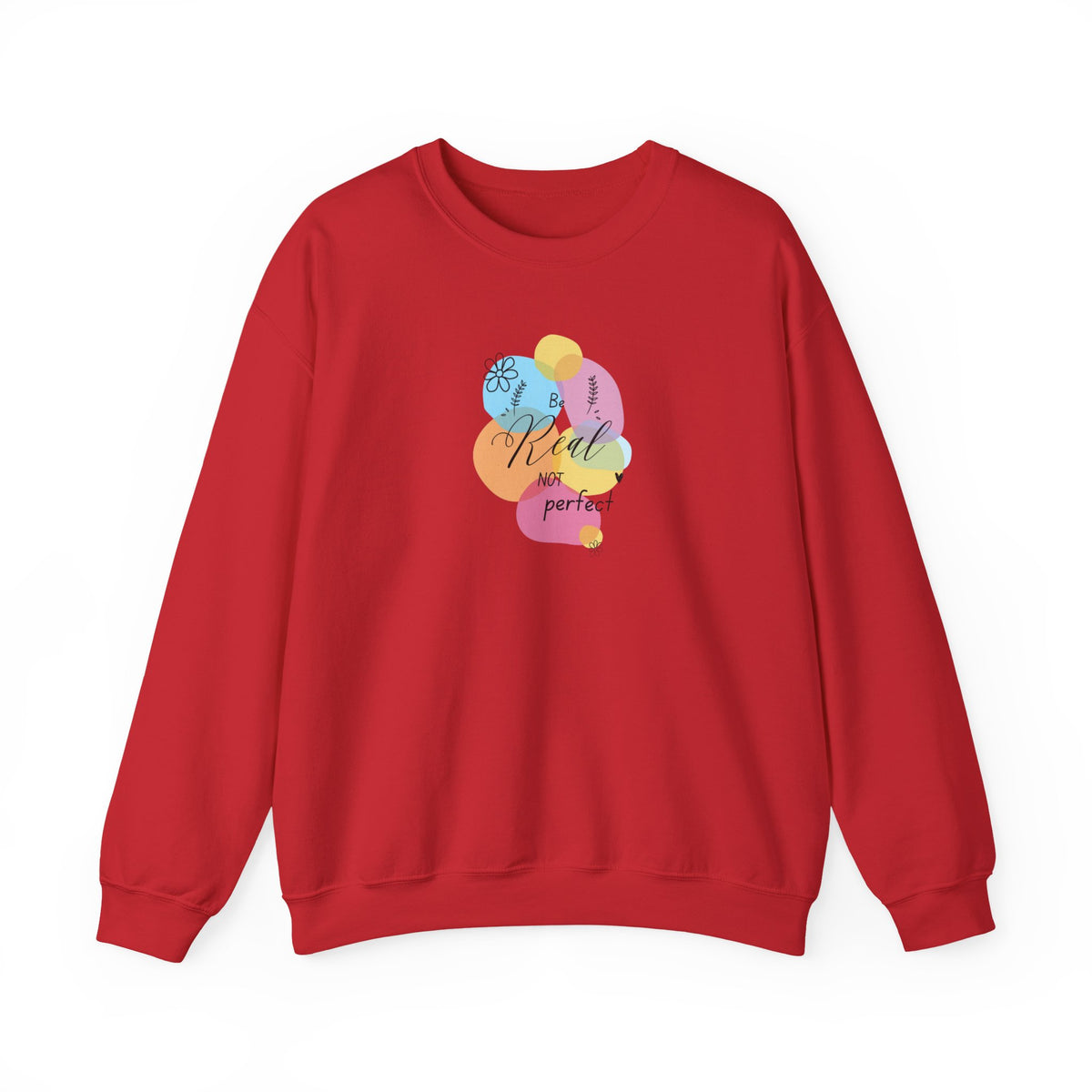 A red crewneck sweatshirt with a colorful graphic on the chest featuring overlapping pastel shapes and the text 'Keep it perfect' in cursive, displayed on a clean white background.