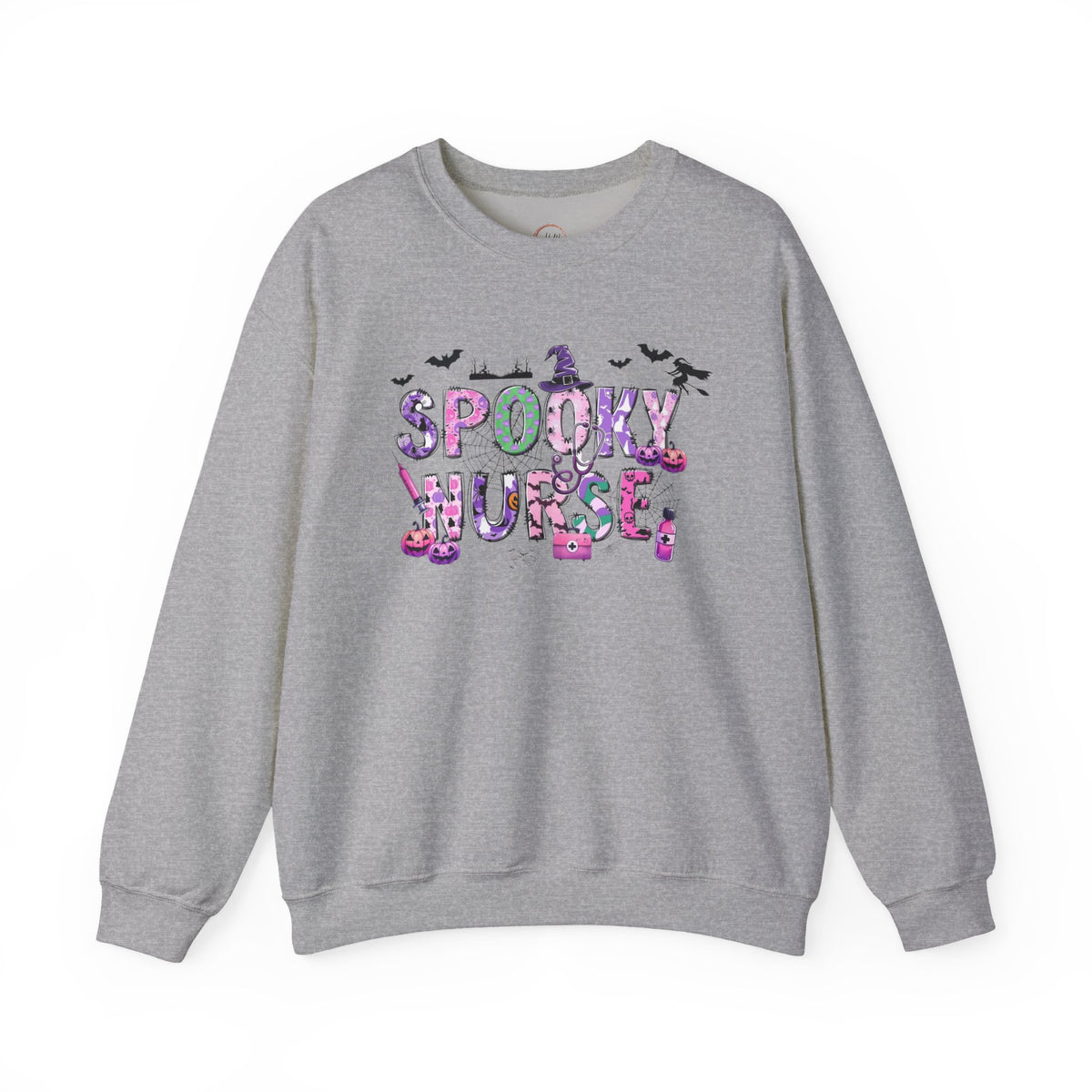 A heather gray crewneck sweatshirt featuring a colorful graphic on the chest that reads 'SPOOKY NURSE' filled with Halloween-themed illustrations like a witch's hat, broom, ghosts, and bats.