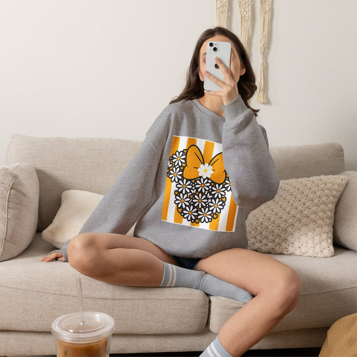 Floral Mouse Head Sweatshirt — Yellow Daisy Bow Crewneck