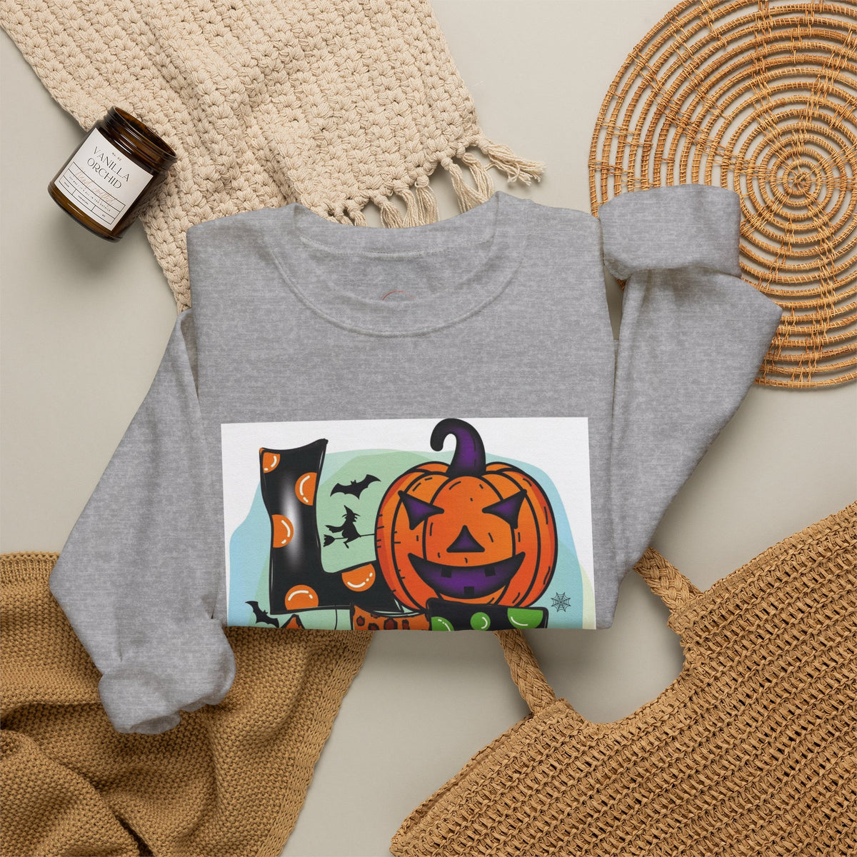 Halloween LOVE Crewneck Sweatshirt — Jack-O'-Lantern & Leopard Print Graphic