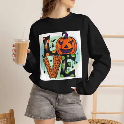 Halloween LOVE Crewneck Sweatshirt — Jack-O'-Lantern & Leopard Print Graphic