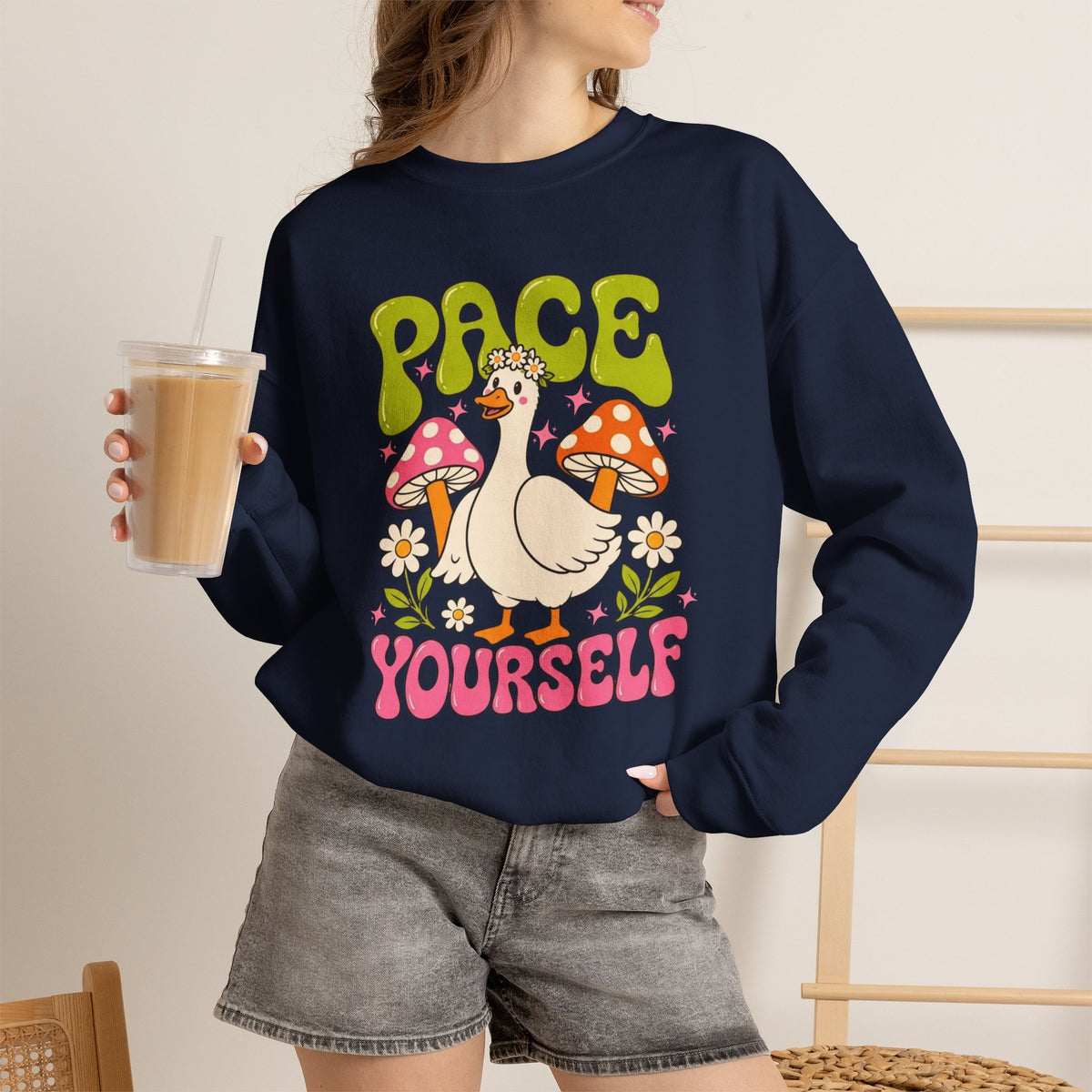 Peace Yourself Crewneck Sweatshirt — Retro Duck & Mushrooms Graphic