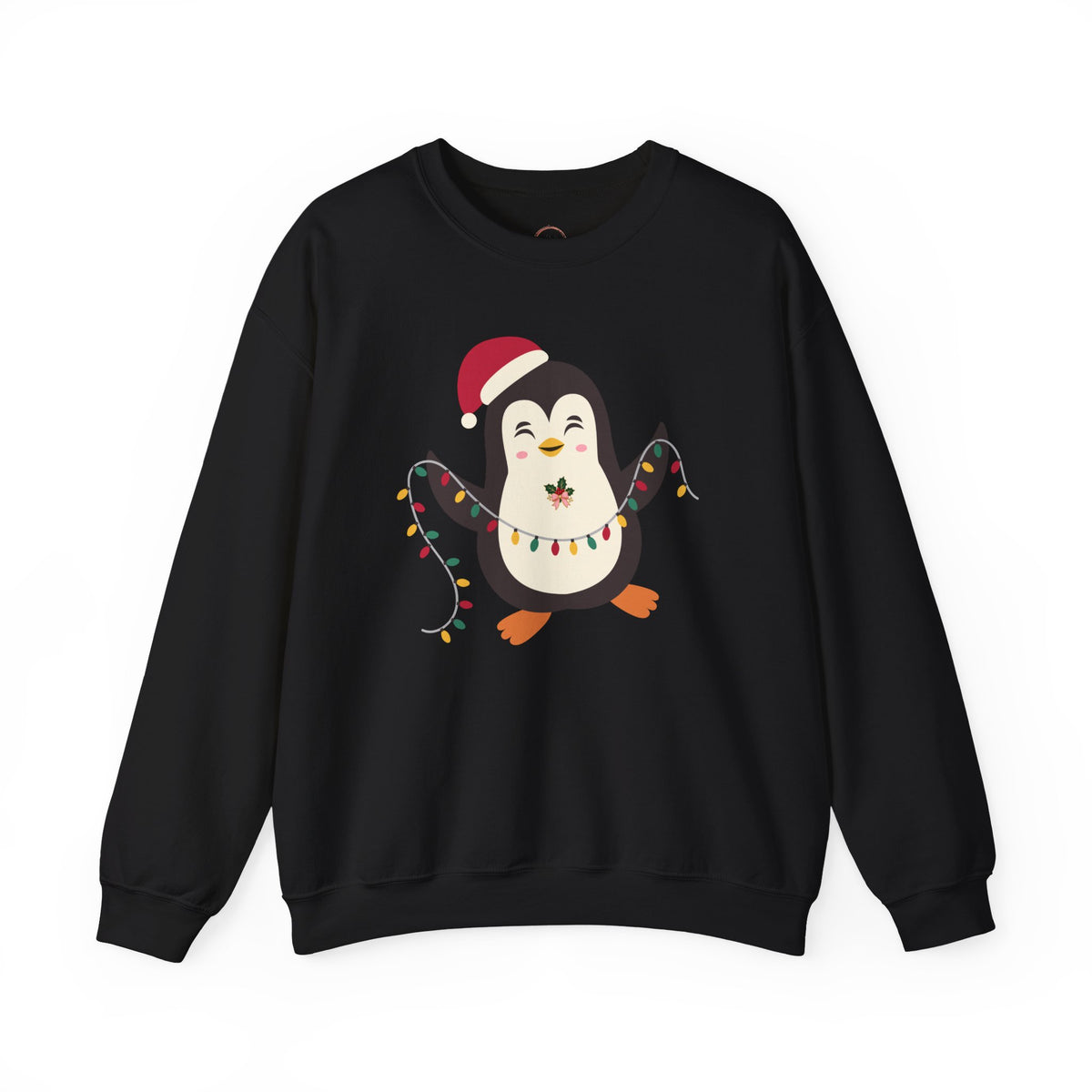 A black crewneck sweatshirt featuring a cartoon penguin wearing a red Santa hat and colorful Christmas lights on the front, displayed against a solid white background.