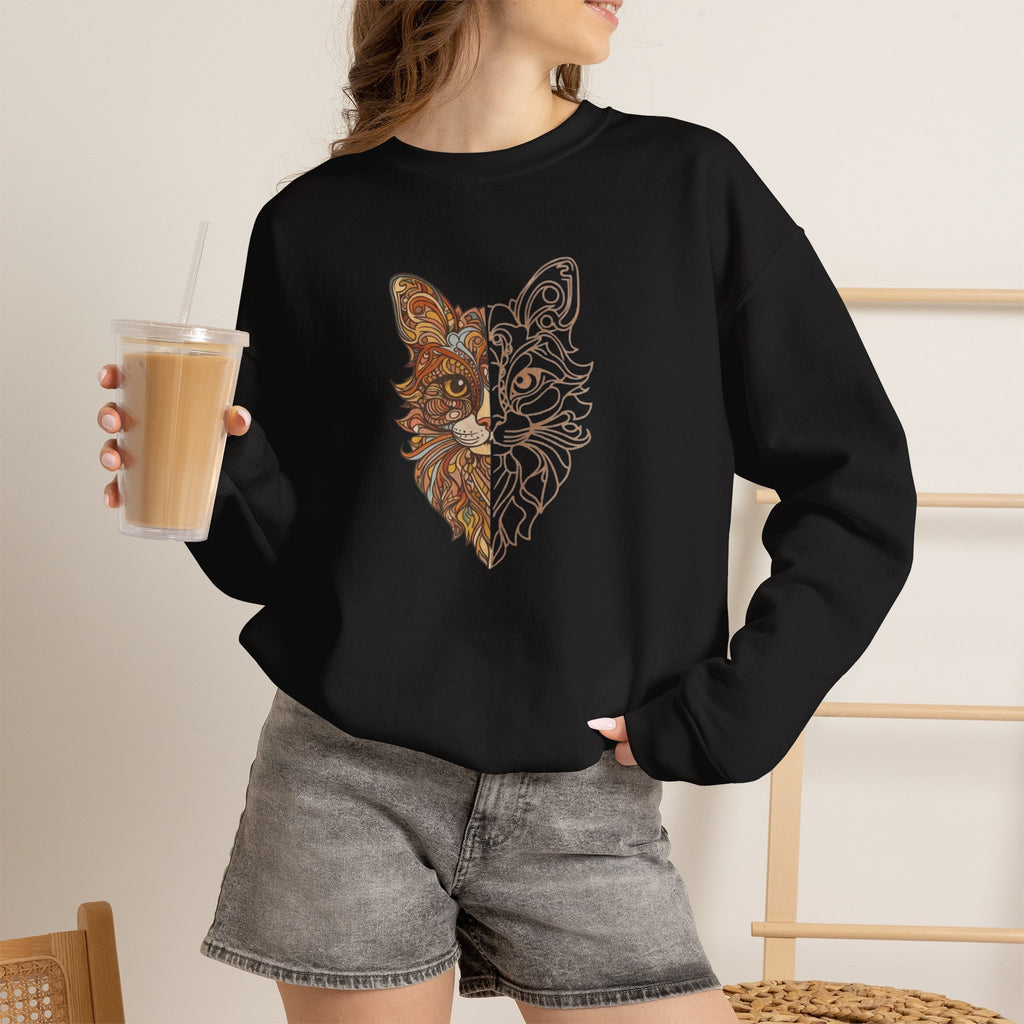 Cat Face Split Crewneck Sweatshirt – Half Realistic, Half Line Art Cat Design