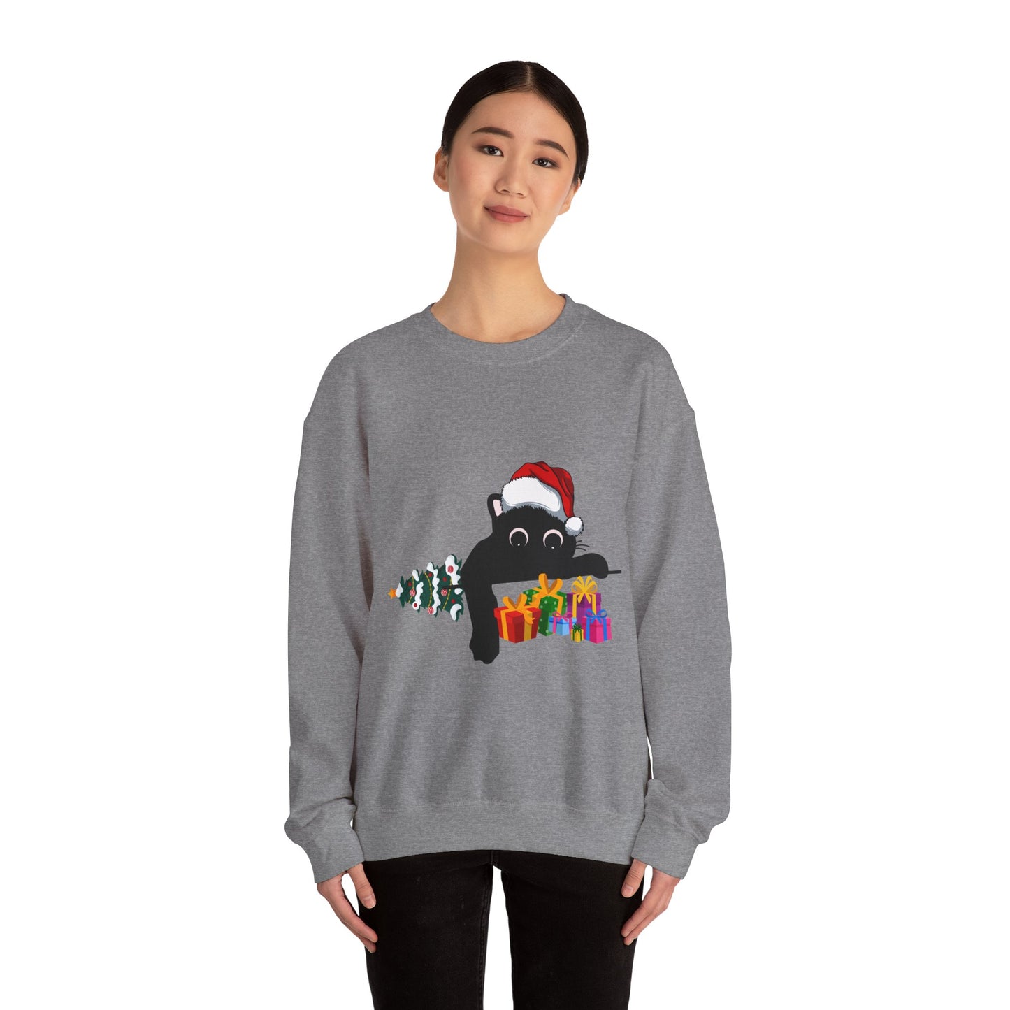 Christmas Cute Cat Sweatshirt Cat Lover Crew Neck Sweatshirt