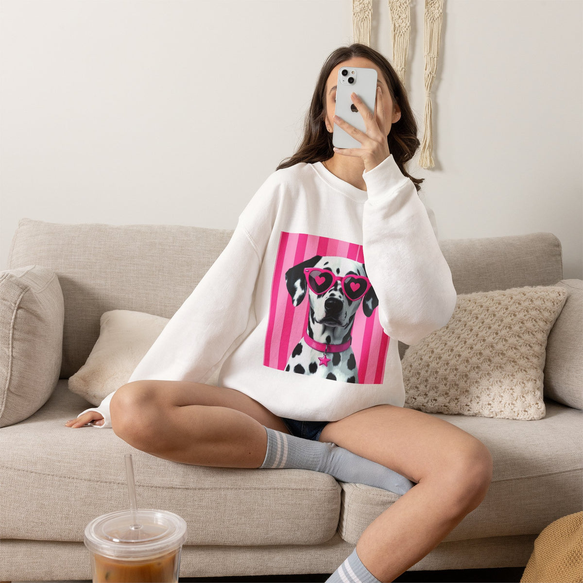 Dalmatian with Heart Sunglasses Sweatshirt — Cute Pink Pet Graphic Crewneck