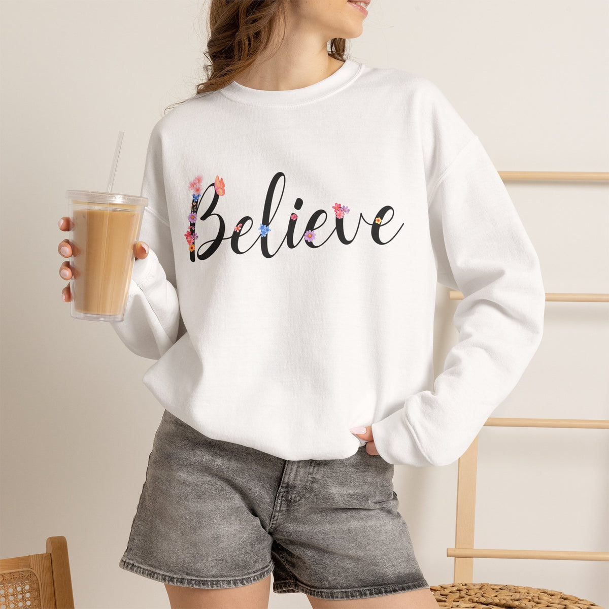 Believe Floral Crewneck Sweatshirt — Inspirational White Pullover