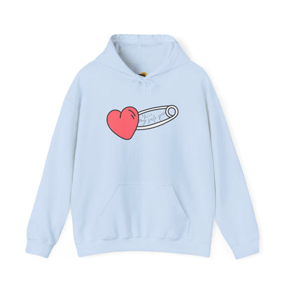 Heart Safety Pin Hoodie, Cozy Sweatshirt, Cute Gift for Her, Valentine's Day Apparel, Casual Streetwear