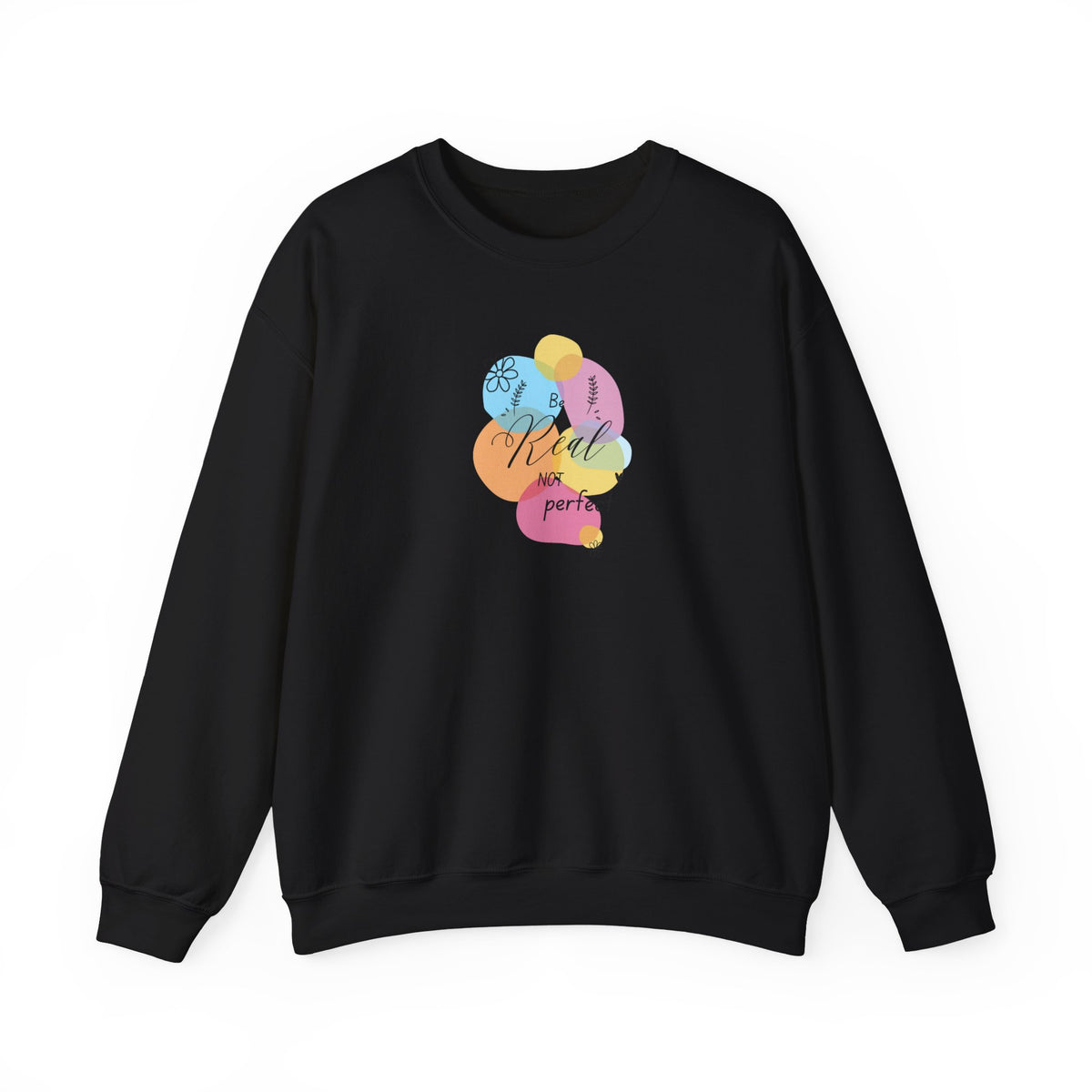 A black crewneck sweatshirt with a colorful graphic on the chest featuring overlapping pastel balloons and the text 'Keep it party'.