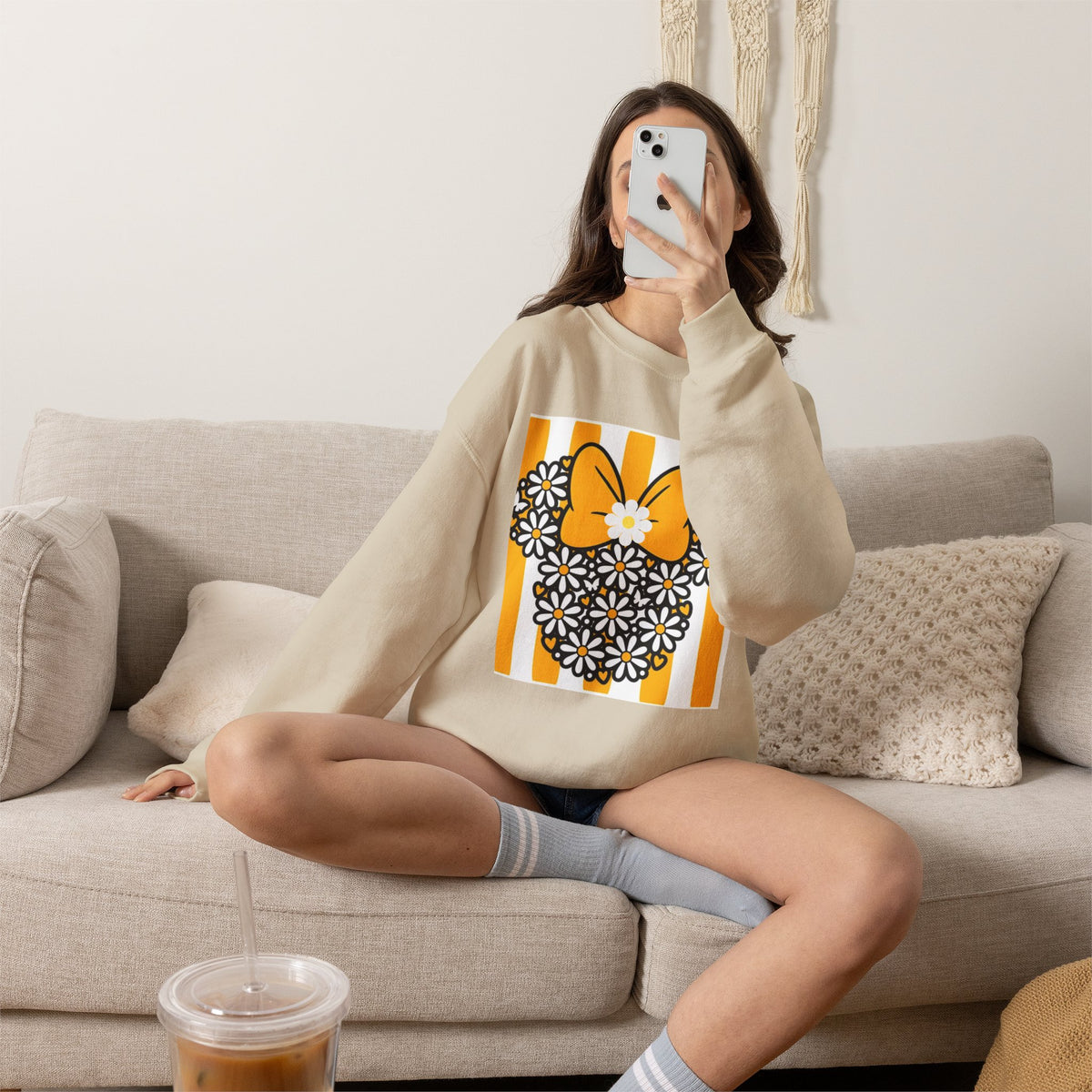 Floral Mouse Head Sweatshirt — Yellow Daisy Bow Crewneck