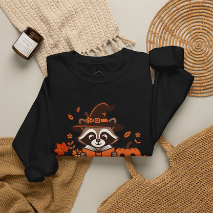 Halloween Raccoon Witch Sweatshirt – Cute Pumpkin & Spooky Book Crewneck