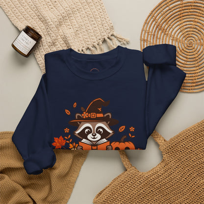 Halloween Raccoon Witch Sweatshirt – Cute Pumpkin & Spooky Book Crewneck