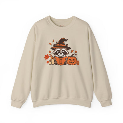 Halloween Raccoon Witch Sweatshirt – Cute Pumpkin & Spooky Book Crewneck