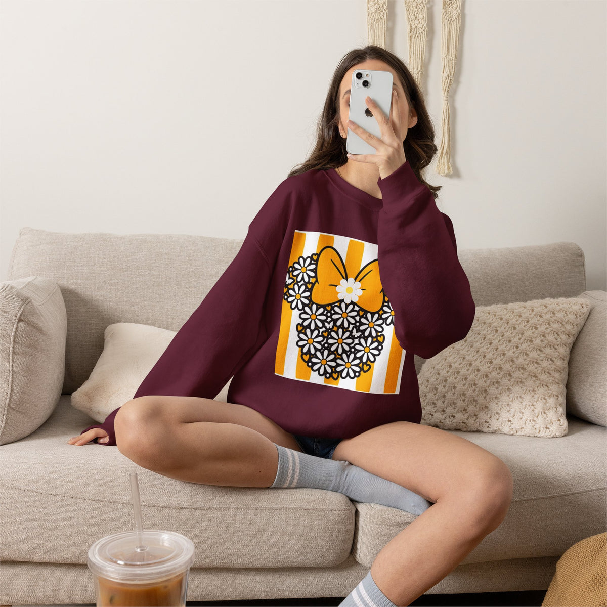 Floral Mouse Head Sweatshirt — Yellow Daisy Bow Crewneck