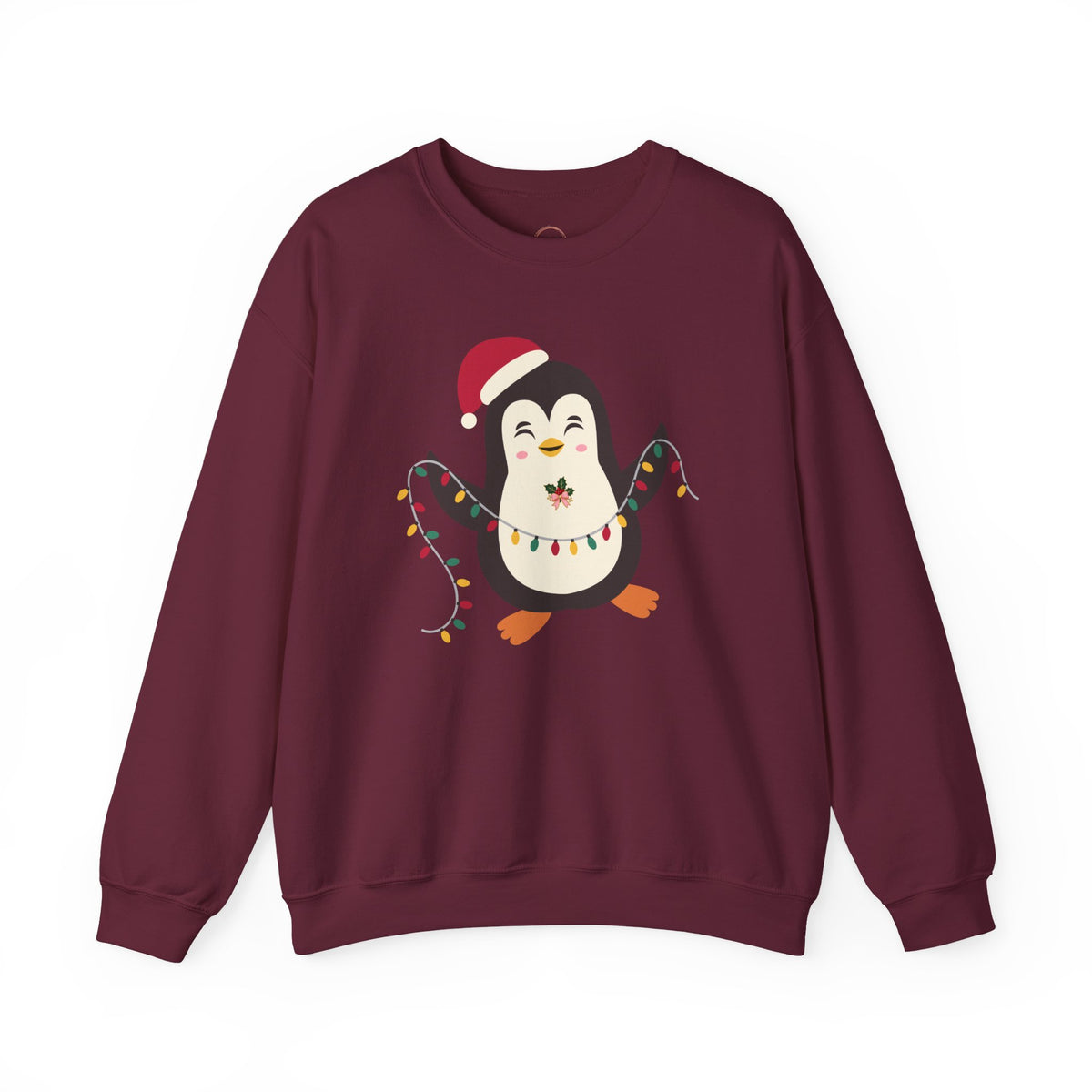 A maroon crewneck sweatshirt featuring a cartoon penguin wearing a red Santa hat and colorful Christmas lights on the front, displayed against a solid white background.