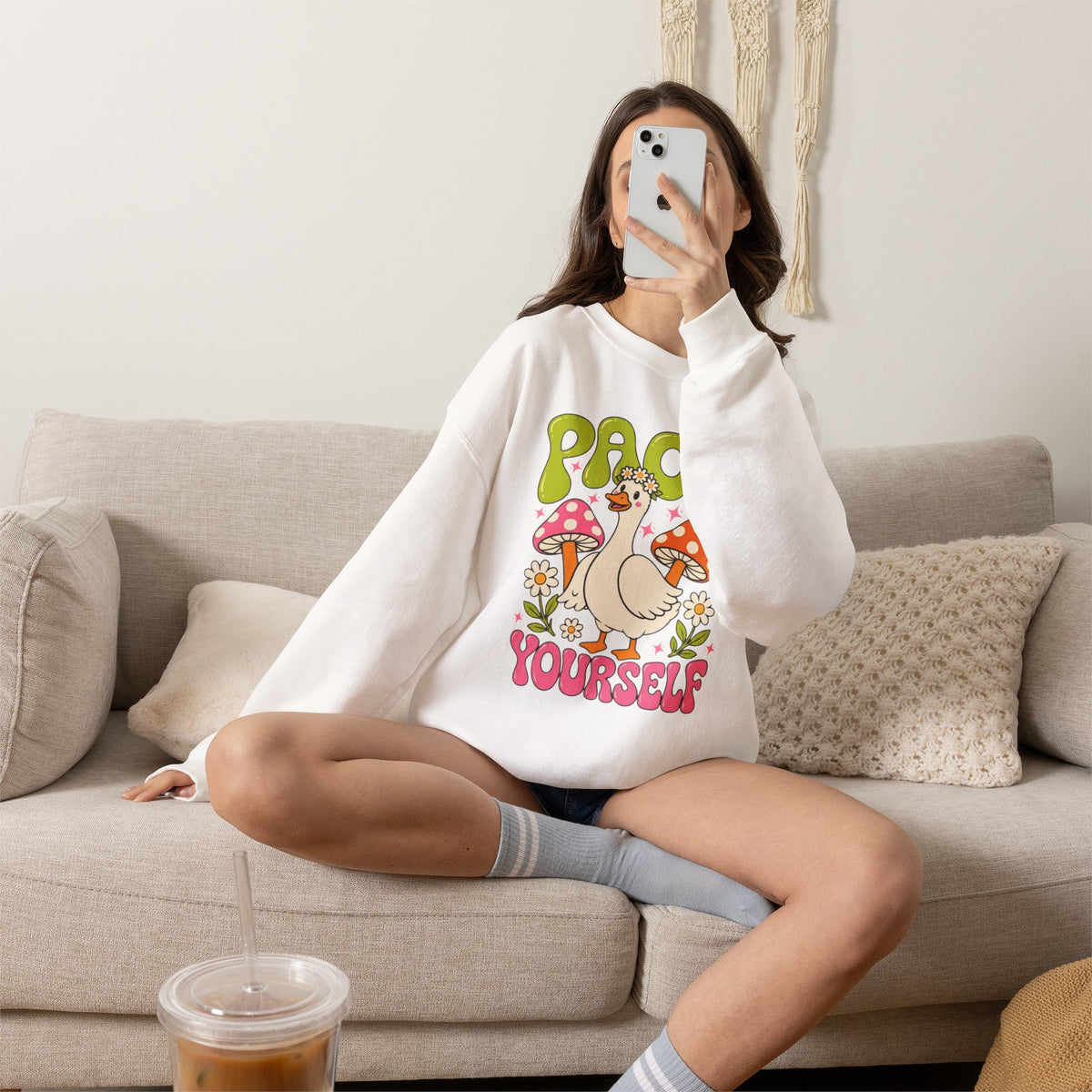 Peace Yourself Crewneck Sweatshirt — Retro Duck & Mushrooms Graphic