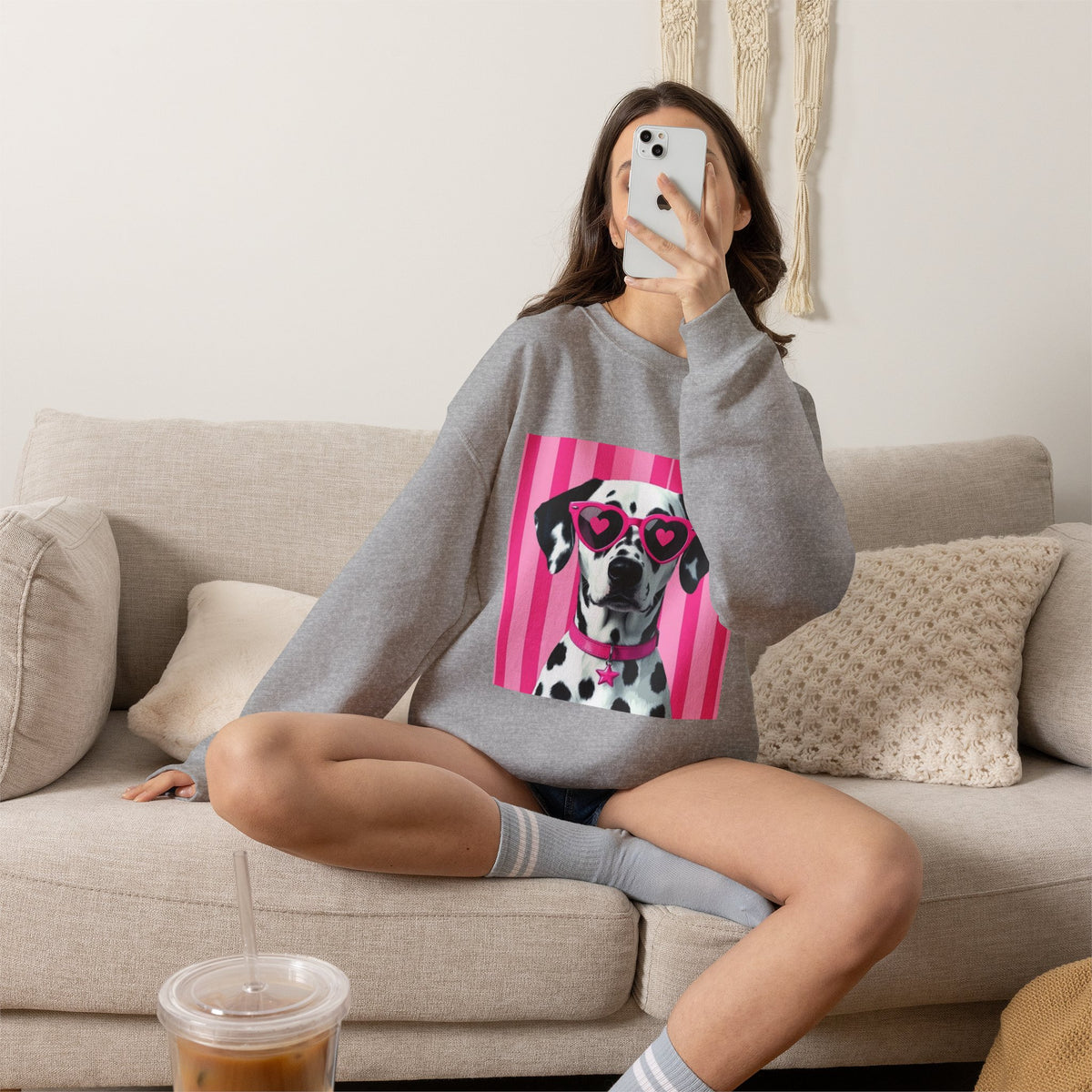 Dalmatian with Heart Sunglasses Sweatshirt — Cute Pink Pet Graphic Crewneck