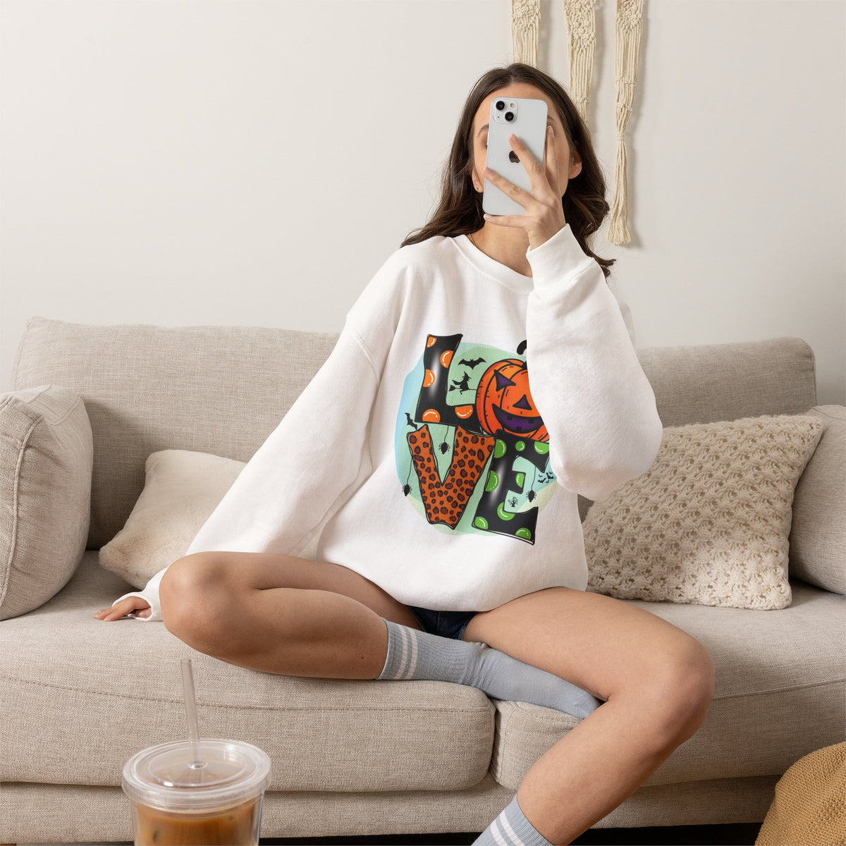 Halloween LOVE Crewneck Sweatshirt — Jack-O'-Lantern & Leopard Print Graphic