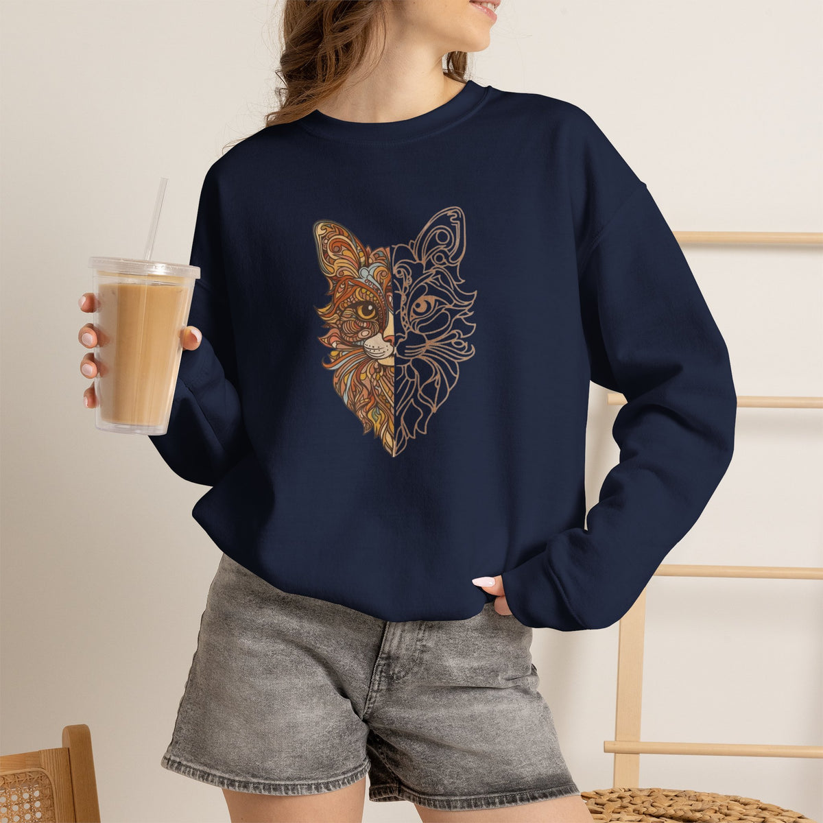 Cat Face Split Crewneck Sweatshirt – Half Realistic, Half Line Art Cat Design