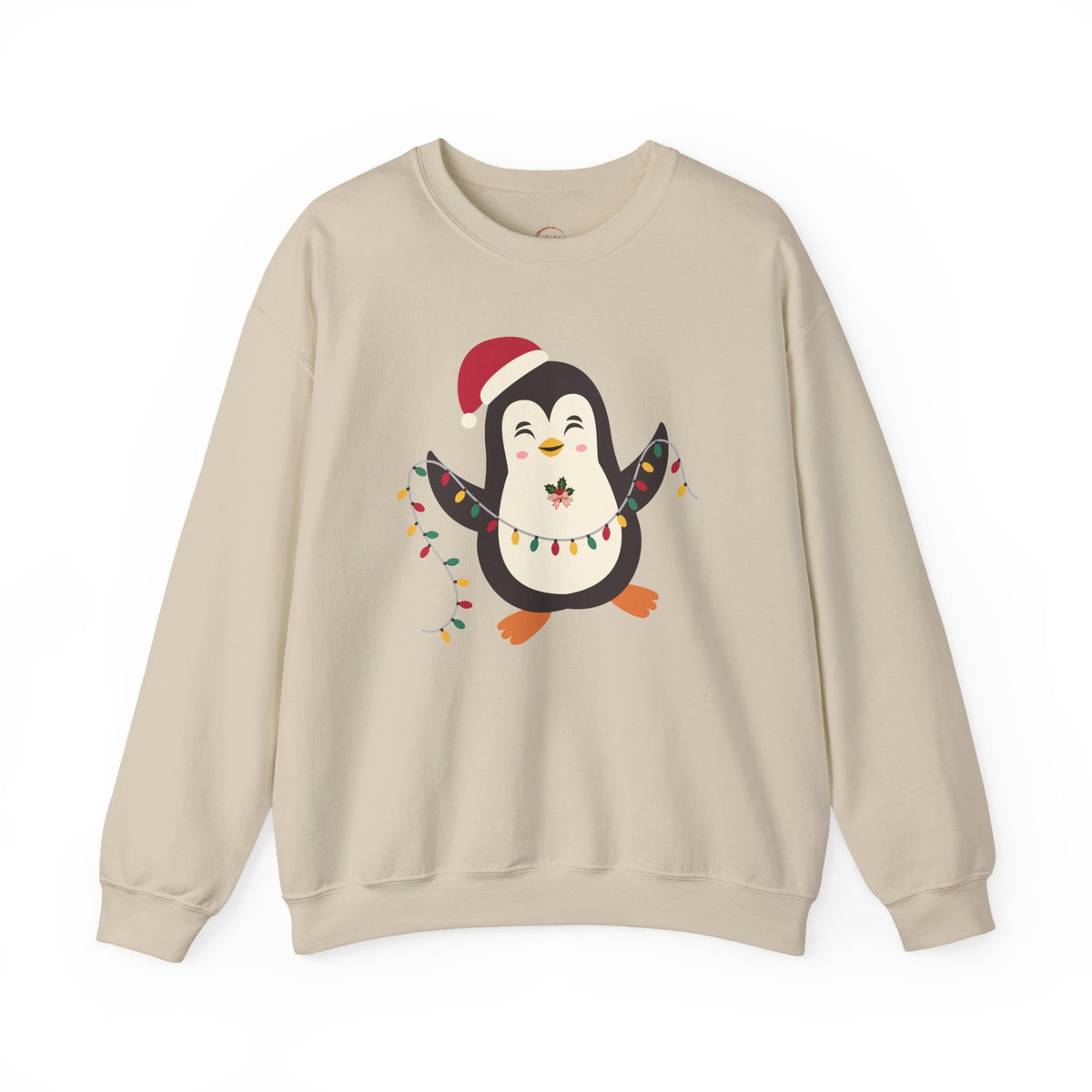 A beige crewneck sweatshirt featuring a cartoon penguin graphic on the front. The penguin is wearing a red Santa hat and colorful Christmas lights, set against a clean white background.