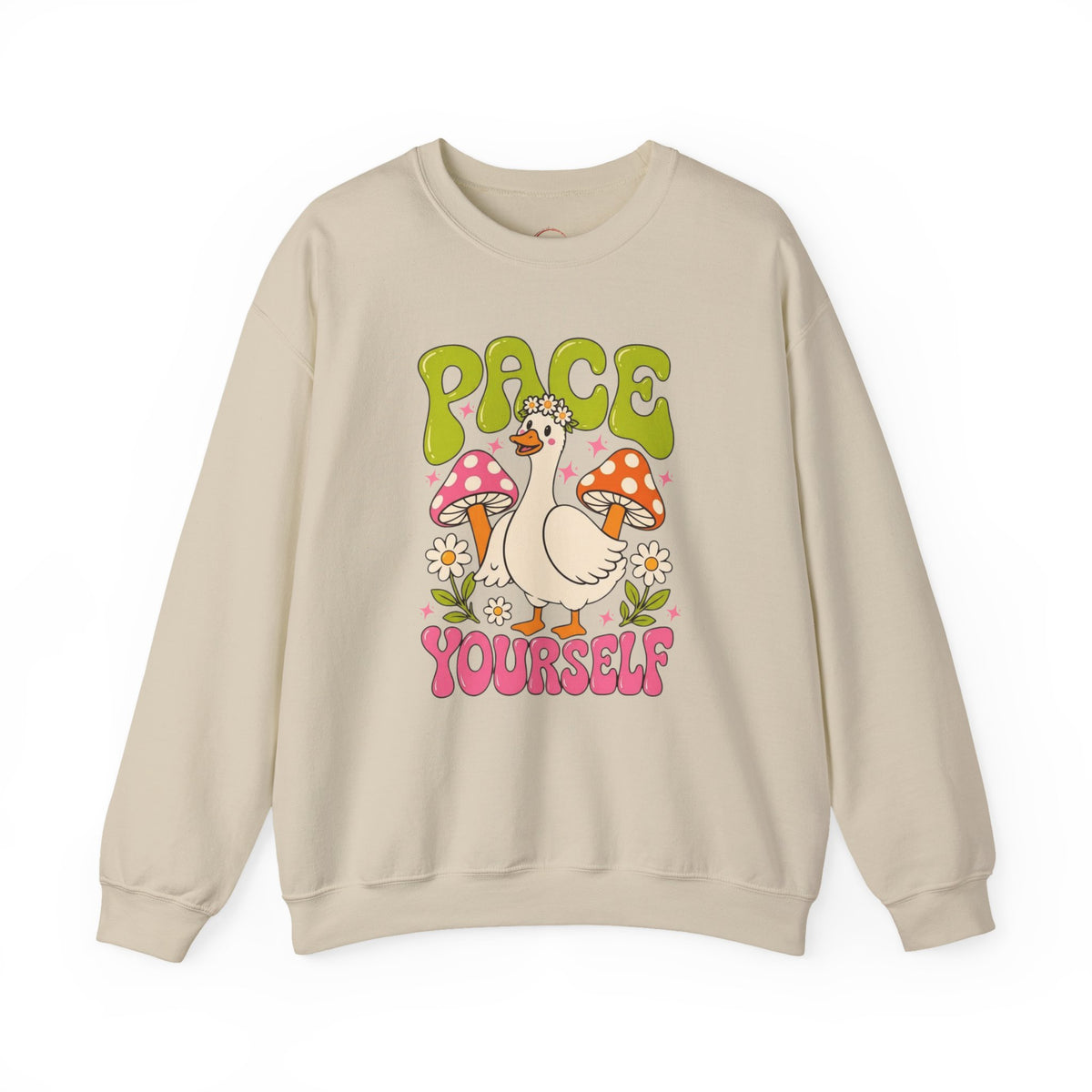 Peace Yourself Crewneck Sweatshirt — Retro Duck & Mushrooms Graphic