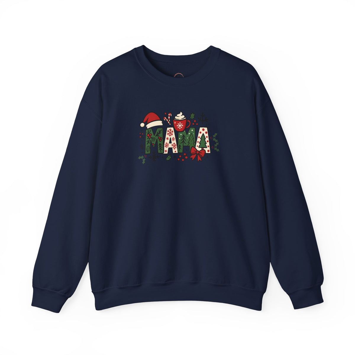A navy blue crewneck sweatshirt featuring a festive 'MAMA' graphic on the chest, decorated with Christmas elements like a Santa hat, ornaments, and a bow, shown against a plain white background.