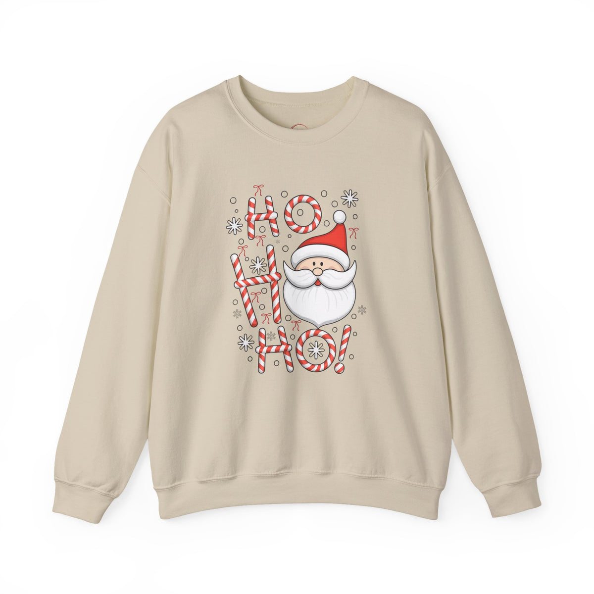 A beige crewneck sweatshirt featuring a festive 'Ho Ho Ho' graphic with a cartoon Santa Claus face, candy canes, and snowflakes on the front, displayed against a plain white background.