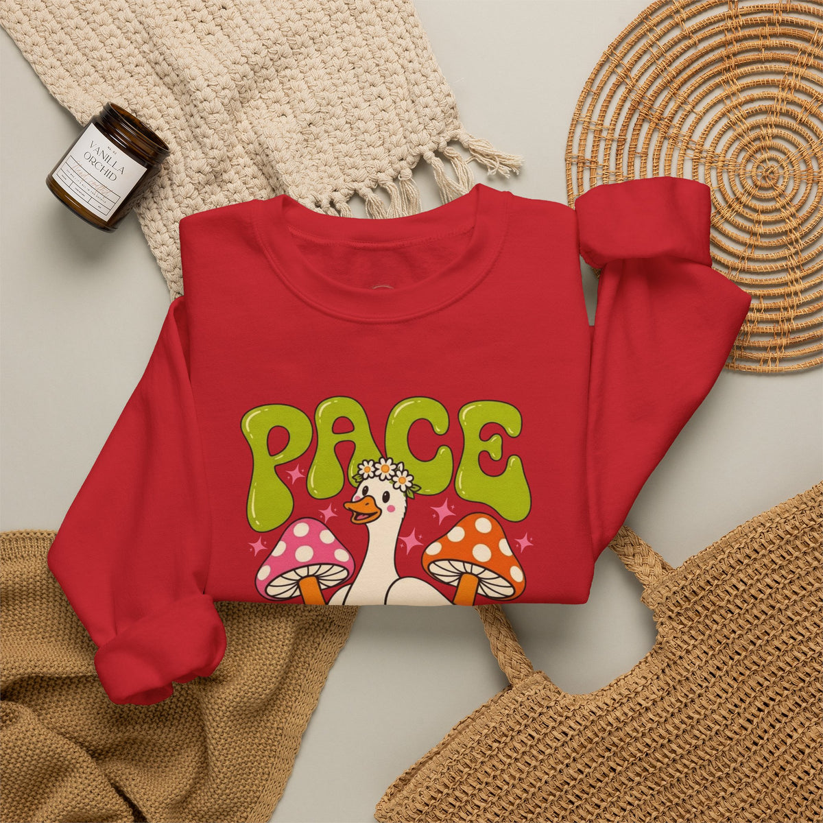 Peace Yourself Crewneck Sweatshirt — Retro Duck & Mushrooms Graphic