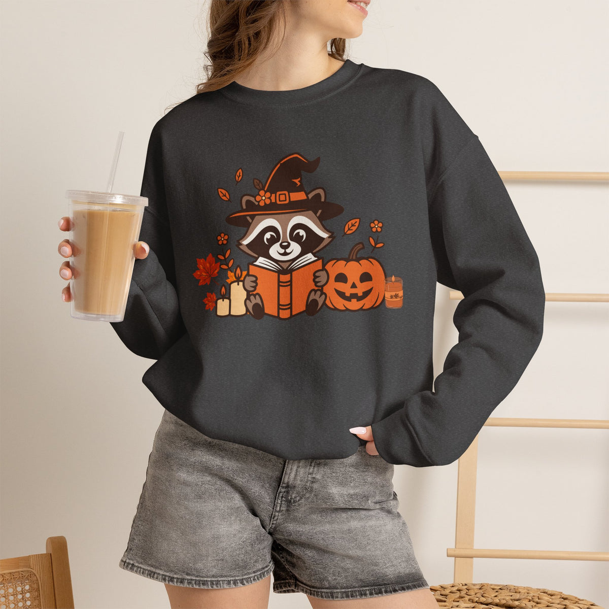 Halloween Raccoon Witch Sweatshirt – Cute Pumpkin & Spooky Book Crewneck
