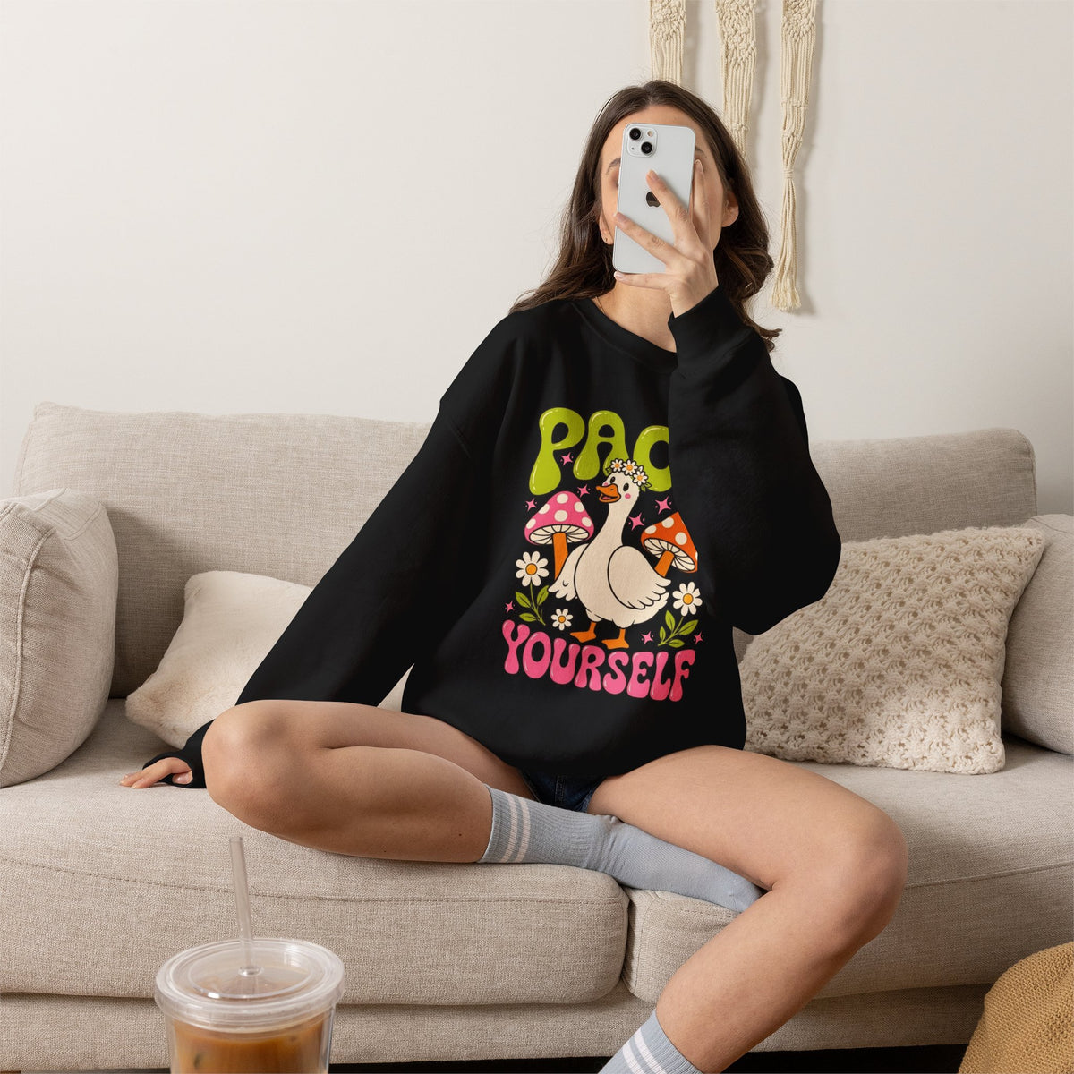 Peace Yourself Crewneck Sweatshirt — Retro Duck & Mushrooms Graphic