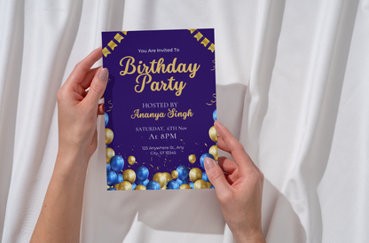 Blue Birthday Party Invitation Evite, Editable Blue and Gold Birthday Invitation Template for Men, Printable Birthday 5 x 7 Card. WEIB77